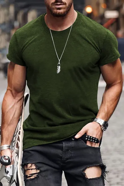 Design Basic Fit Army Green T-Shirt with Ripped Black Jeans - 16