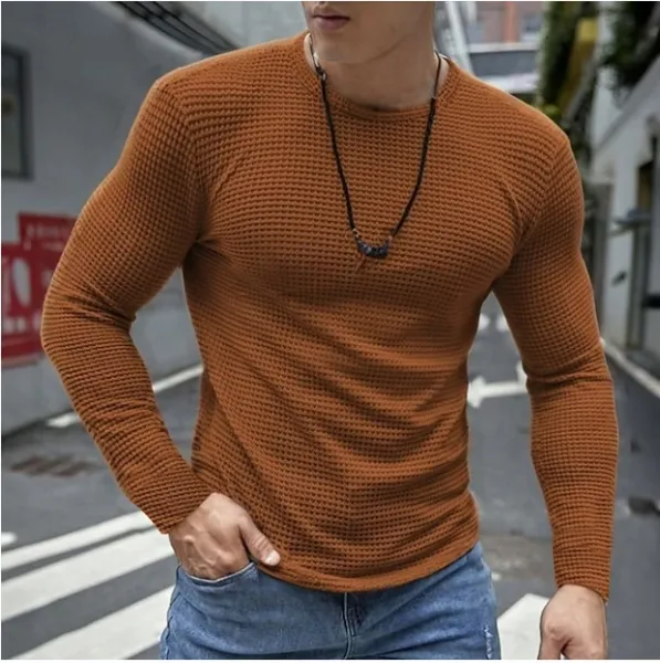 Design Waffle Knit Long Sleeve T-Shirt Rust Orange - 1