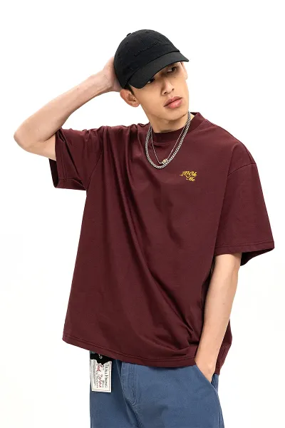 Design Embroidered Script Logo Burgundy Oversized T-Shirt - 7