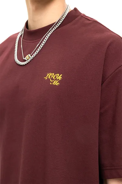 Design Embroidered Script Logo Burgundy Oversized T-Shirt - 8