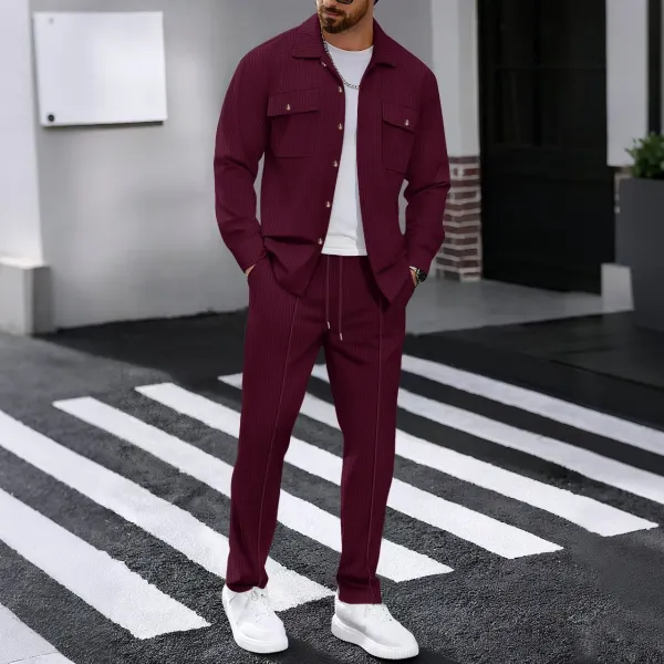 Design Waffle-Texture Two-Piece Set Burgundy Casual Set - 1
