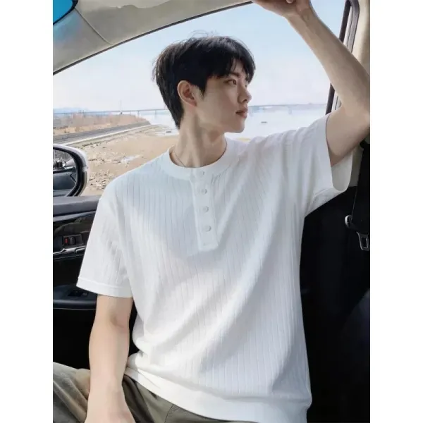 Design Henley Ribbed Knit T-Shirt Gray - 5