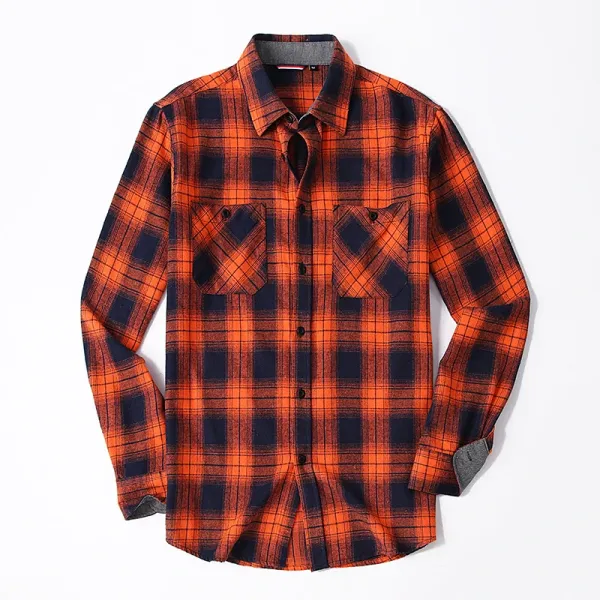 Design Flannel Shirt Orange Navy Plaid Shirt Tops Shirt - 1