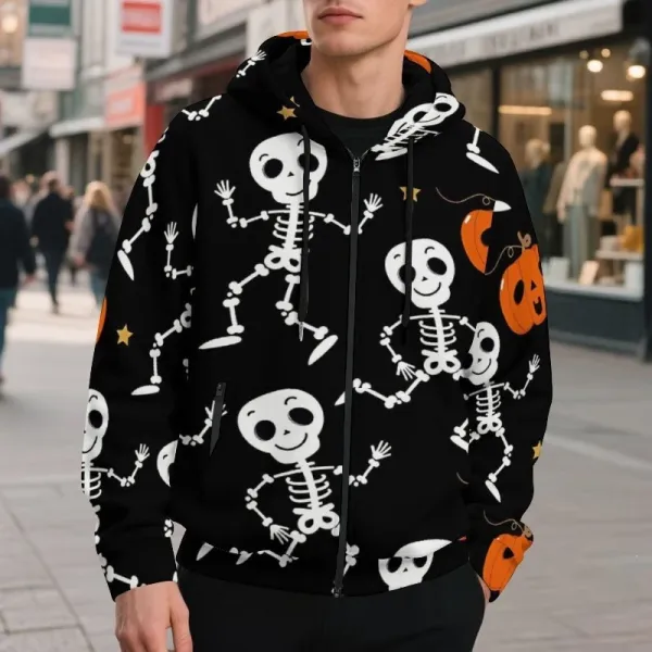 Design Halloween Skeleton Print Black Zip-Up Hoodie - 1