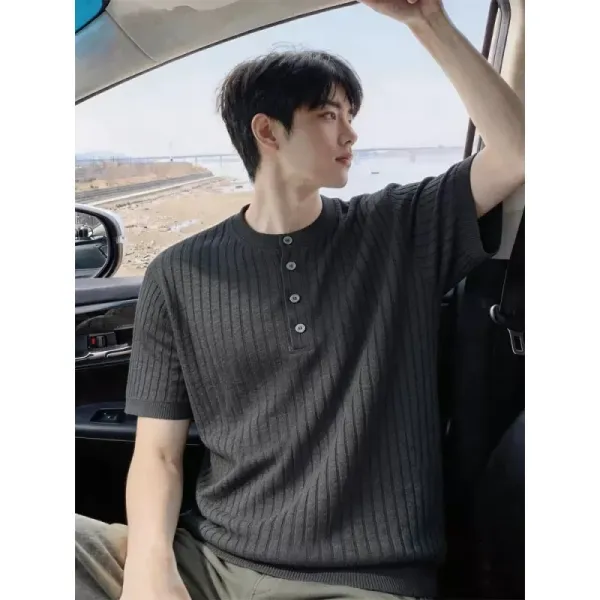 Design Henley Ribbed Knit T-Shirt Gray - 6
