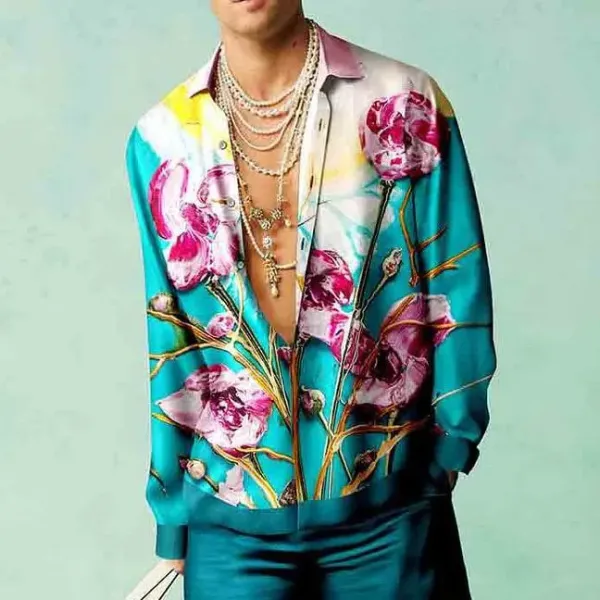 Design Floral Silk Shirt in Teal and Pink Tops Shirt - 1