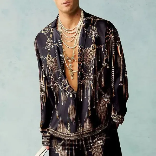 Design Chain-Print Silk Shirt Set Black Multicolor - 1