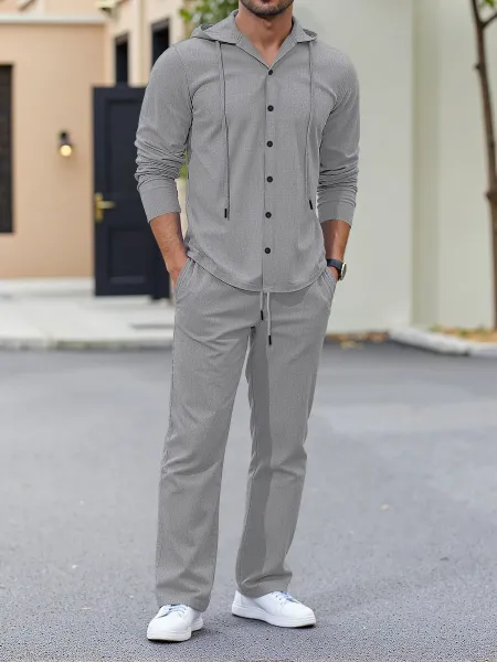 Design Hooded Button-Up Set Gray Casual Set - 1