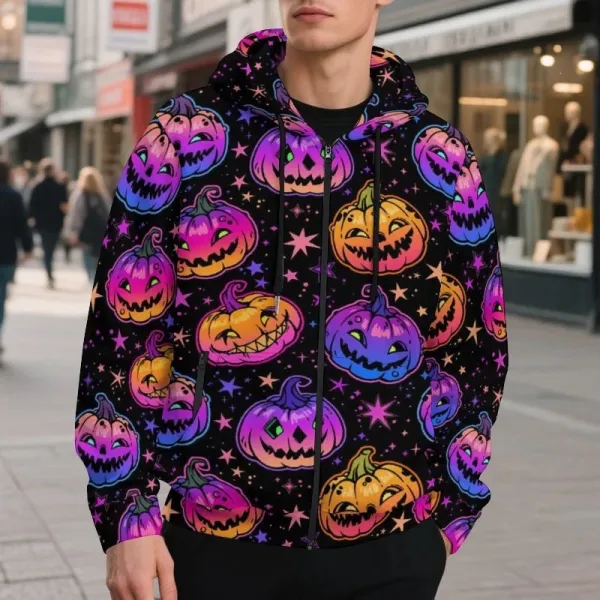Design Halloween Jack-O'-Lantern Print Zip-Up Hoodie Multicolor - 1