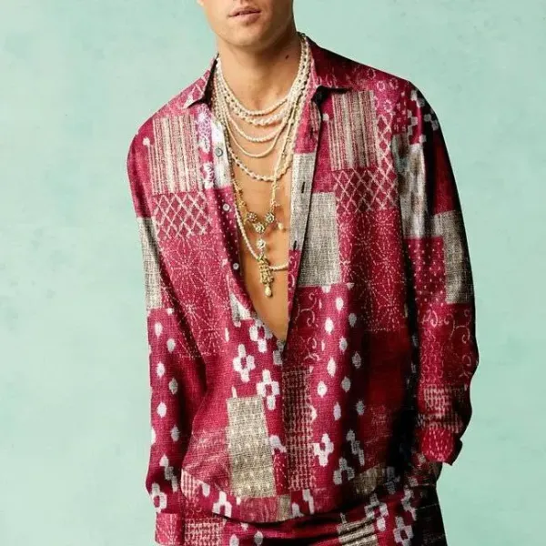 Design Patchwork Print Shirt in Burgundy Multicolor Tops Shirt - 1