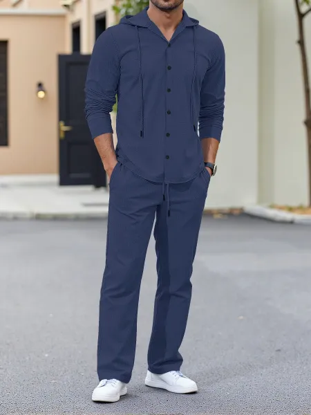 Design Hooded Button-Up Set Navy Blue Casual Set - 1
