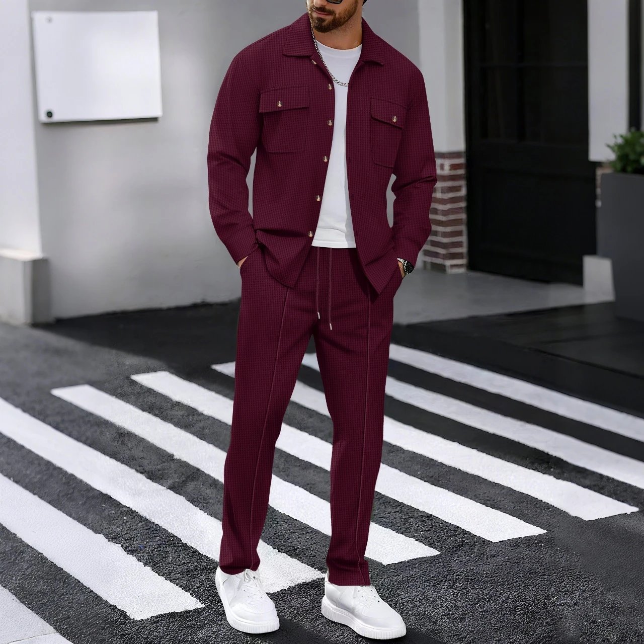 Design Gray Houndstooth Two-Piece Set with White T-Shirt and Chunky Sneakers - 13