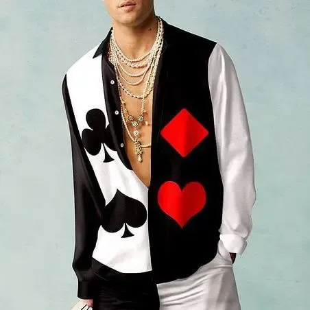 Design Playing Card Print Velvet Vest-Top Black White Red - 1