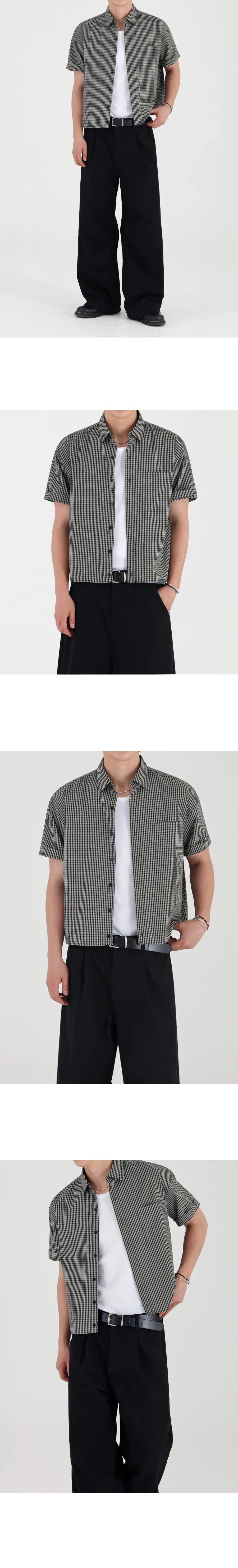 Design Short-Sleeve Gingham Shirt Olive Green Tops Shirt - 6
