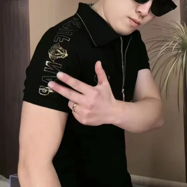 Design Zip-Front Polo Black Top - 6