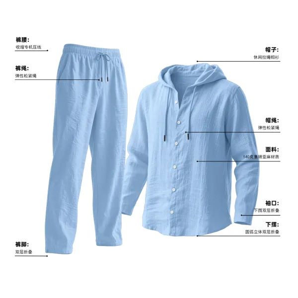 Design Light Blue Hooded Button-Up Shirt and Matching Pants Set - 5