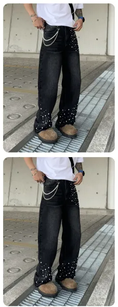 Design Pearl-Embellished Wide-Leg Denim Jeans Light Blue - 7