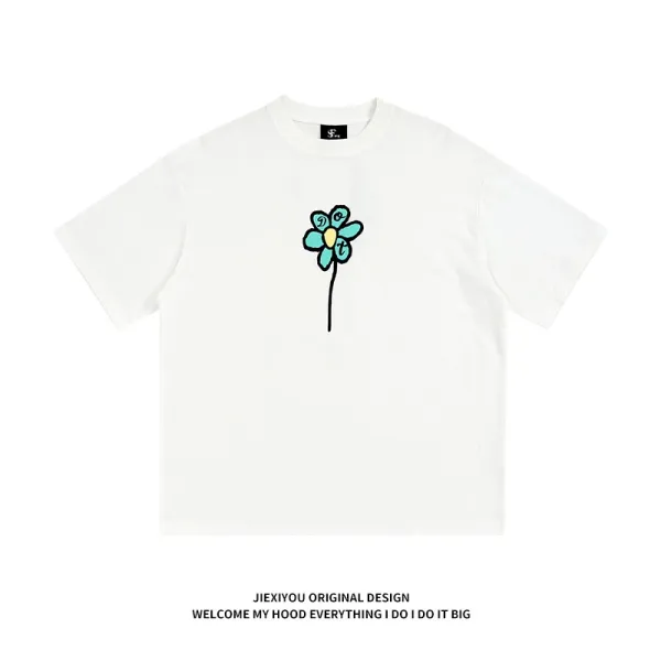 Jiexiyou Original Design Flower Print White T-Shirt - 1