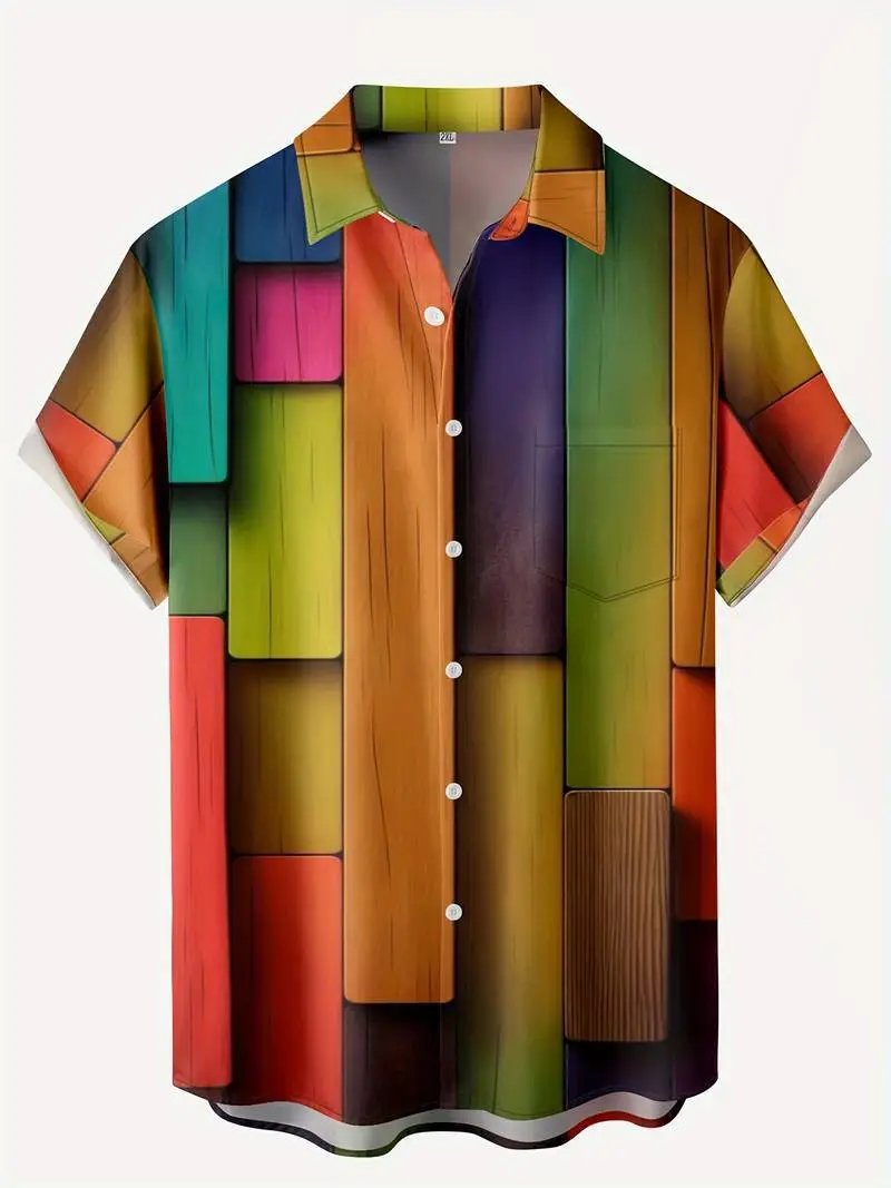 Design Patchwork Linen-Blend Shirt Green Beige Multicolor - 24