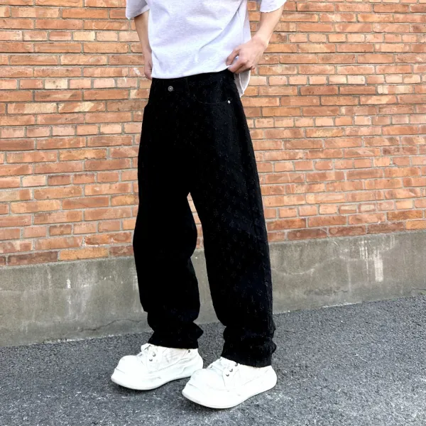 Design Embossed Floral Black Wide-Leg Pants - 1