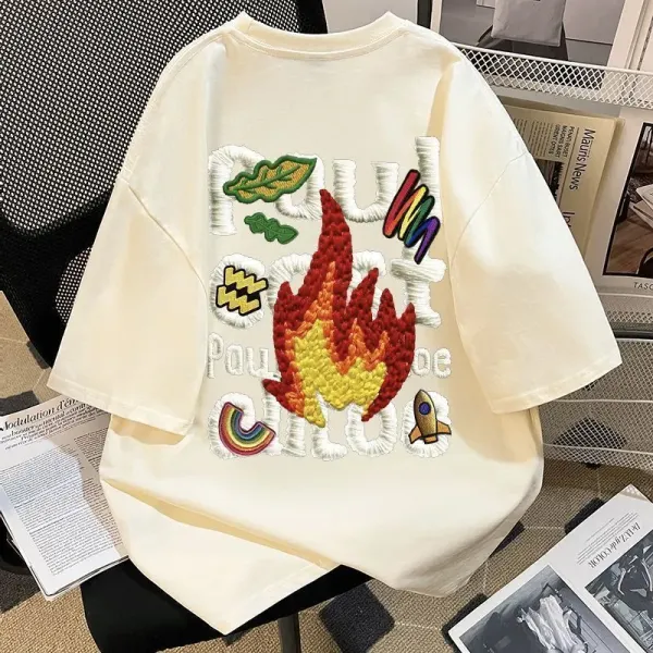 Design Embroidered Flame Graphic T-Shirt Beige - 1