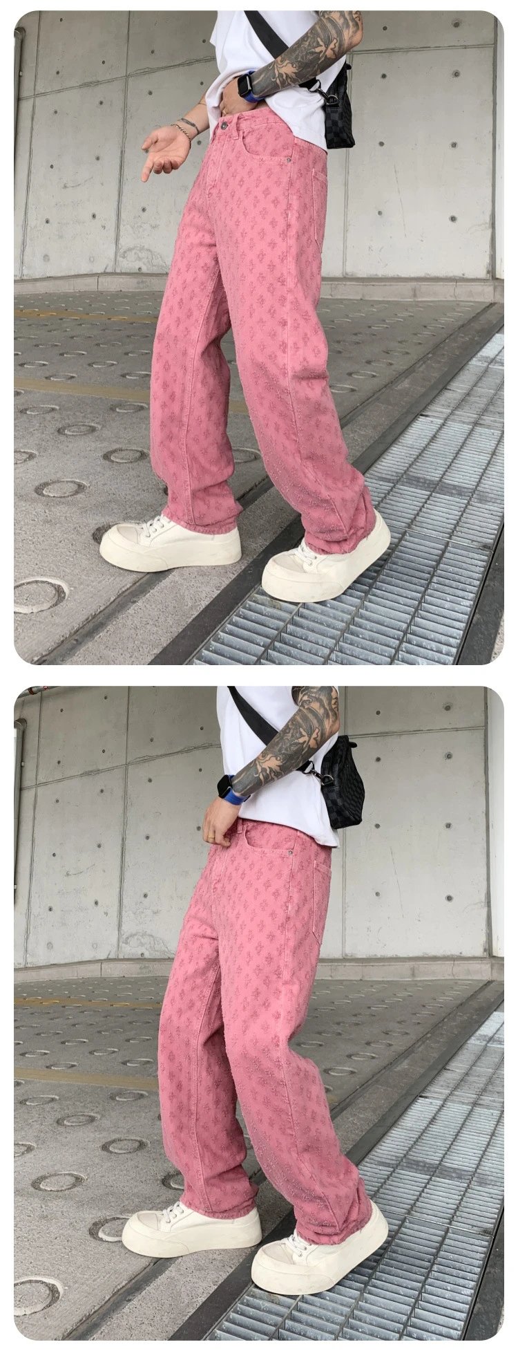 Design Jacquard Pattern Beige Pants with Textured Floral Motif - 9