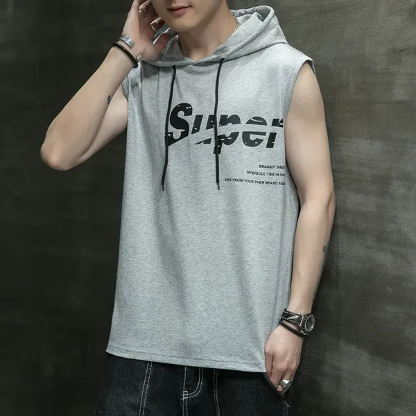 Design Sleeveless Hoodie Gray Graphic Print Vest-Top - 1