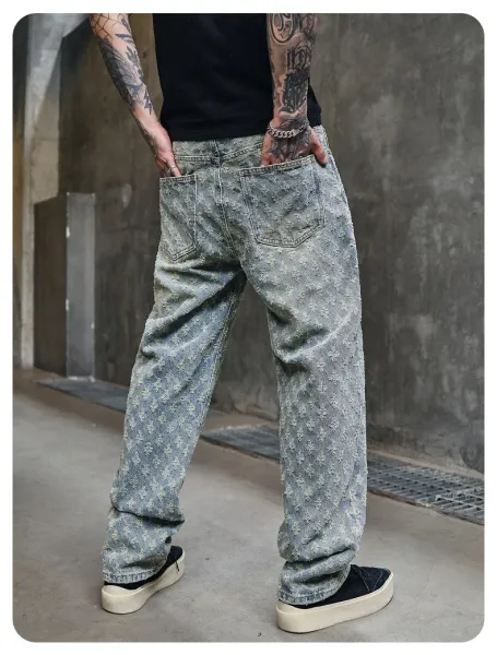 Design Jacquard Pattern Beige Pants with Textured Floral Motif - 13