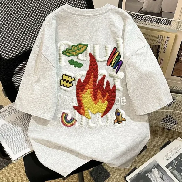 Design Embroidered Flame Graphic T-Shirt Beige - 14