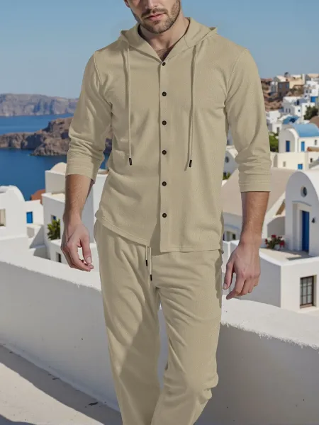 Design Light Blue Hooded Button-Up Shirt and Matching Pants Set - 13