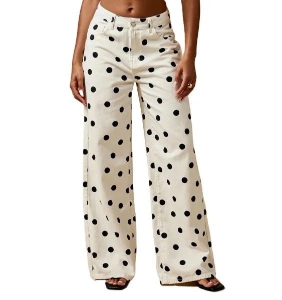 Design Polka Dot Wide-Leg Trousers Brown with White Dots Pants - 7