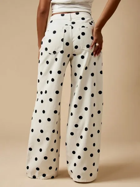 Design Polka Dot Wide-Leg Trousers Brown with White Dots Pants - 9