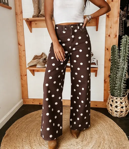 Design Polka Dot Wide-Leg Trousers Brown with White Dots Pants - 13