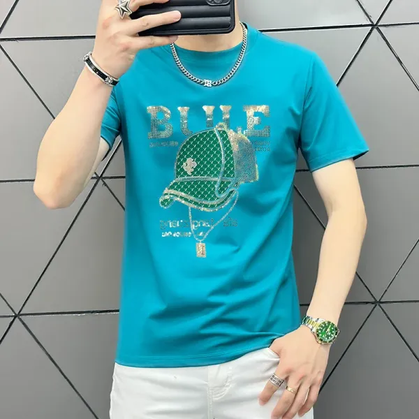 Design Graphic Rhinestone Cap Print Teal T-Shirt - 1