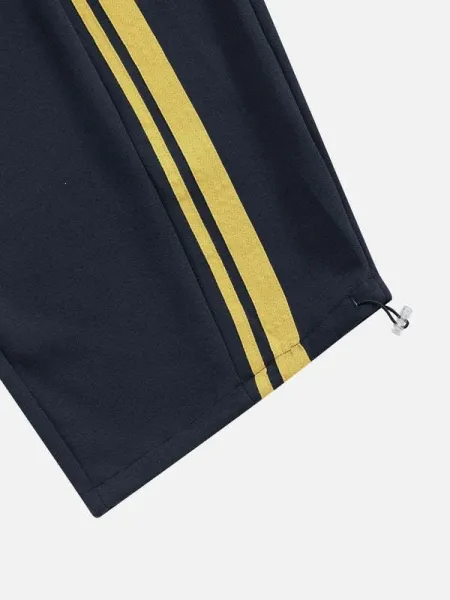 Design Wide-Leg Track Pants with Yellow Stripes and '77' Embroidery Navy Sweatpants - 13