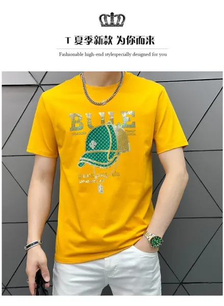 Design Bule Graphic Rhinestone Embellished Yellow T-Shirt - 2