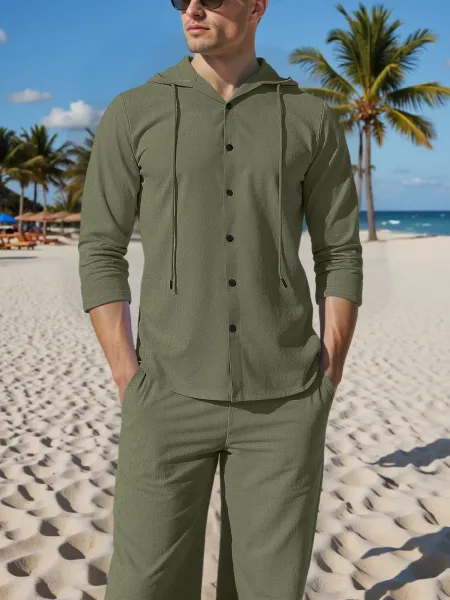 Design Light Blue Hooded Button-Up Shirt and Matching Pants Set - 16