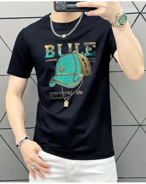 Design Bule Graphic Rhinestone Embellished Yellow T-Shirt - 3