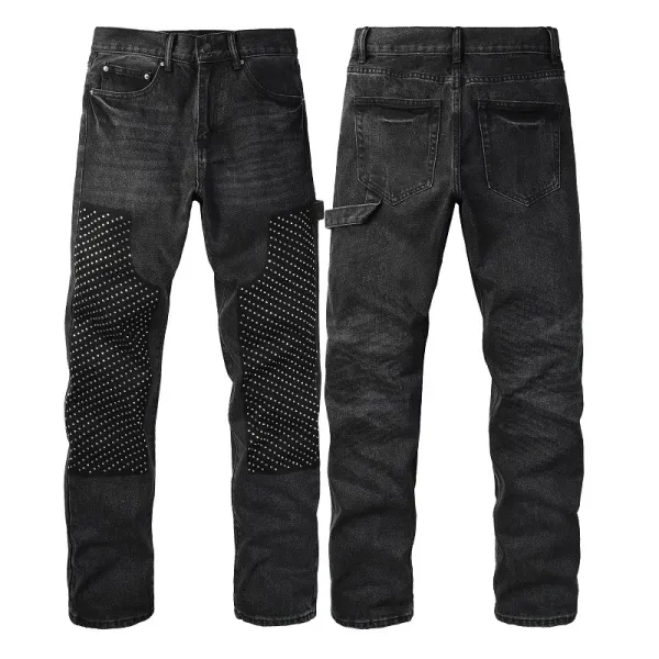 Design Studded Knee Panel Black Denim Jeans - 3