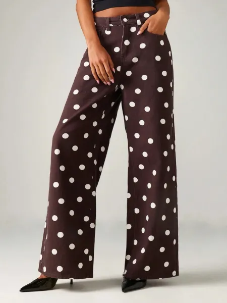 Design Polka Dot Wide-Leg Trousers Brown with White Dots Pants - 1