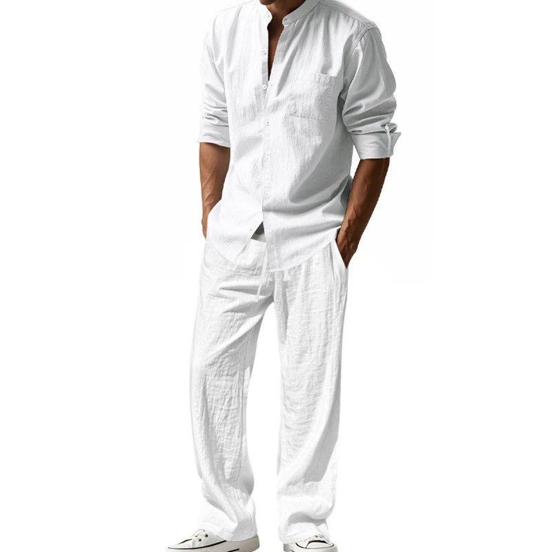 Design Linen Shirt and Pants Set White Casual Set - 8