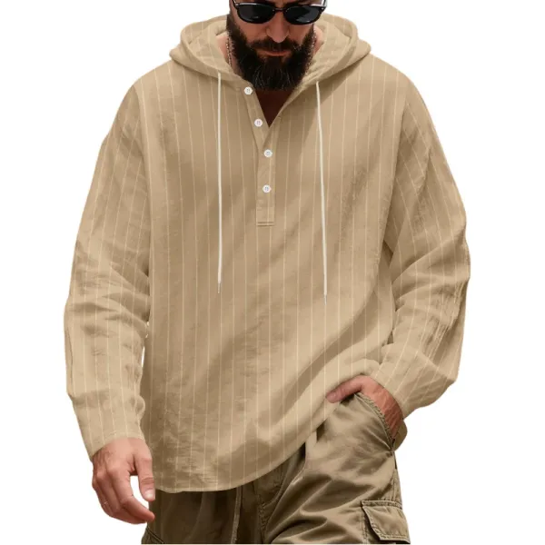 Design Striped Hooded Henley Shirt Beige Hoodie - 1