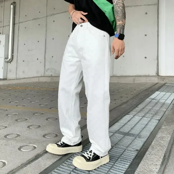 Design White Textured Wide-Leg Jeans with Chunky Platform Sneakers - 1
