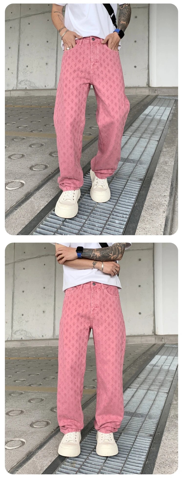 Design Jacquard Pattern Beige Pants with Textured Floral Motif - 8
