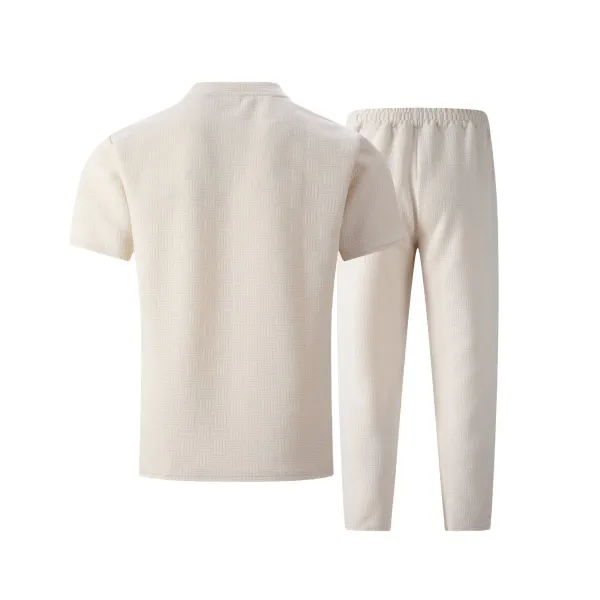 Design Textured Knit Set Black T-Shirt and Pants with White Sneakers - 8