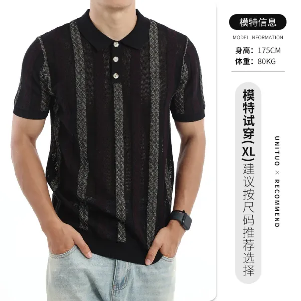 Design UNITUO x RECOMMEND Striped Knit Polo Black Tops Polo - 1
