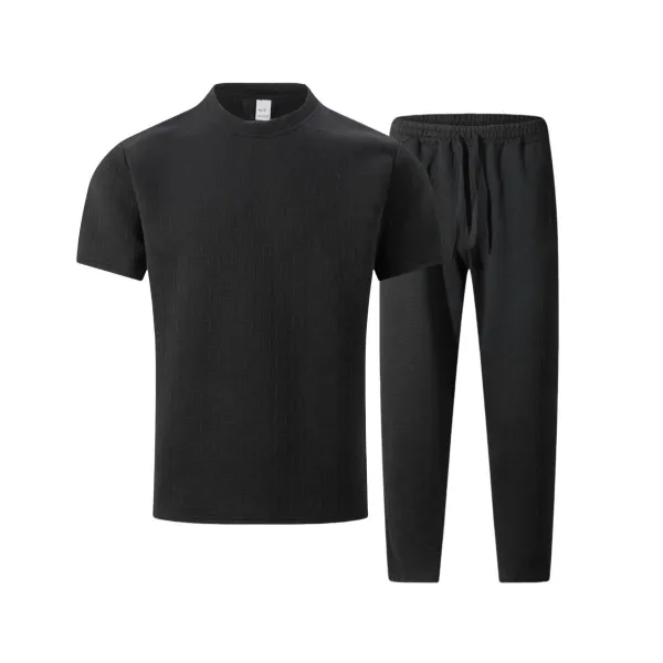 Design Textured Knit Set Black T-Shirt and Pants with White Sneakers - 10