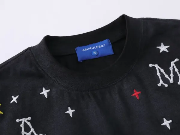 Design Ashrulem Star Constellation Embroidered Black T-Shirt T-Shirts - 13
