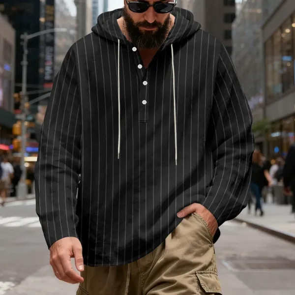 Design Striped Hooded Henley Shirt Gray Hoodie - 14