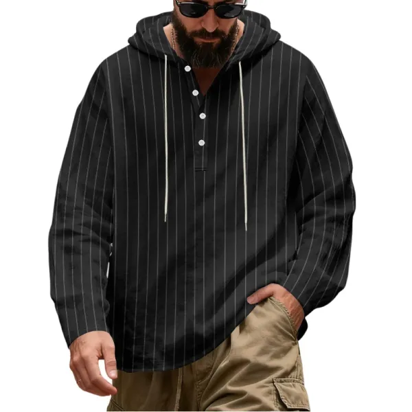 Design Striped Hooded Henley Shirt Gray Hoodie - 15